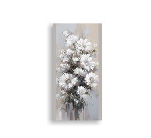 Pintura Lienzo Protagonismo Blanco Y Plata Flores 50x100cm