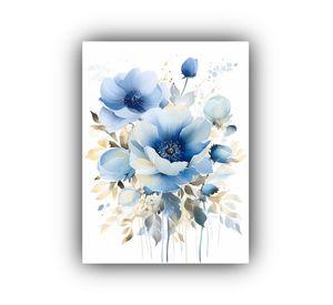 Pintura En Bastidor Moderna De Amapolas Azules Y Blancas En 20x30cm