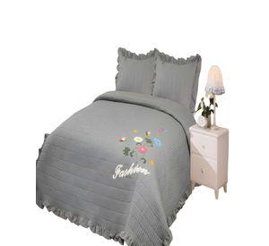 QUILT CUBRECAMA DE VERANO CON FLORES BORDADAS 2 PLAZAS GRIS