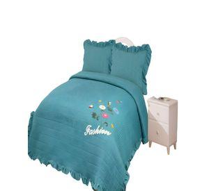 QUILT CUBRECAMA DE VERANO CON FLORES BORDADAS 2 PLAZAS TURQUESA