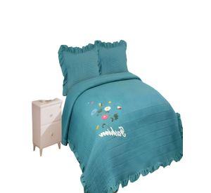 QUILT CUBRECAMA DE VERANO CON FLORES BORDADAS 2 PLAZAS TURQUESA