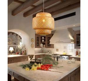 Lámpara Colgante Bambú Tejida Natural Techo Decoración Jhn