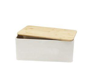 Panera Metálica con Tapa Bamboo Blanca Simplit