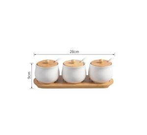 Set 3 Especieros Cerámica Blanca Tapa Base Bambú Con Cucharitas